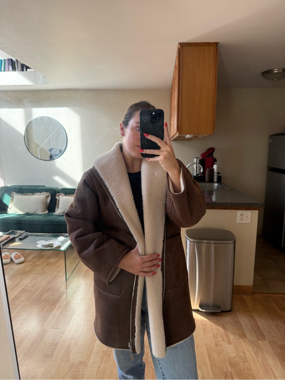 Women’s Brown Shearling-Trim Coat